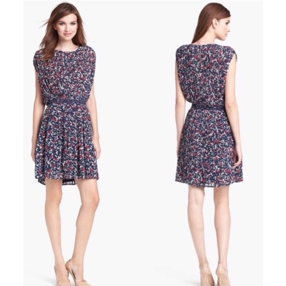 Joie Halsette Dress 100% Silk Floral Pleated Blouson Lined Boat neck Navy Size S
